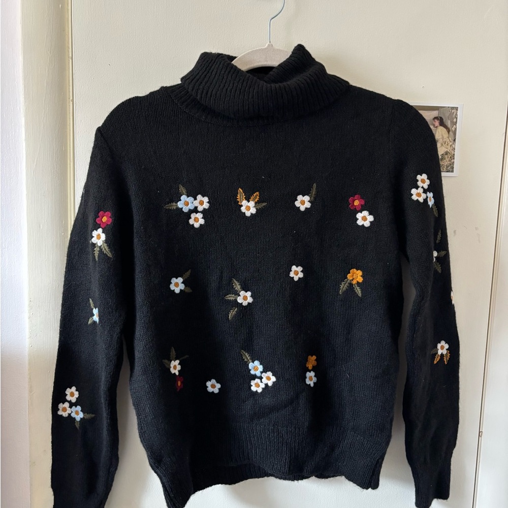 Floral Embroidered Black Turtleneck Sweater